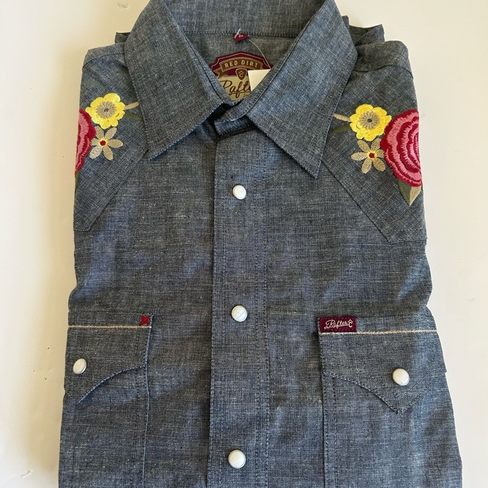 Rafter CCasual Blue Button Down Shirt with Floral Embroidery